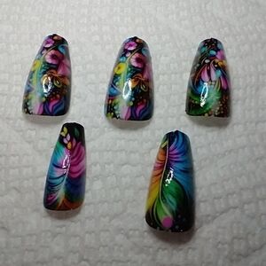Press on nails flower floral feather colorful multicolor gorgeous art nail set